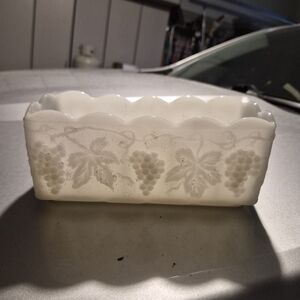 Vintage Fireking Milk Glass White Grape Vine Design Glass Planter